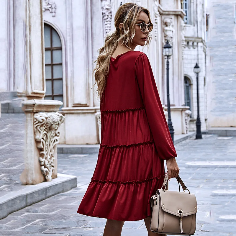 

2020 Autumn Casual Women Dress Elegant Long Sleeves Korean Loose Midi Dresses