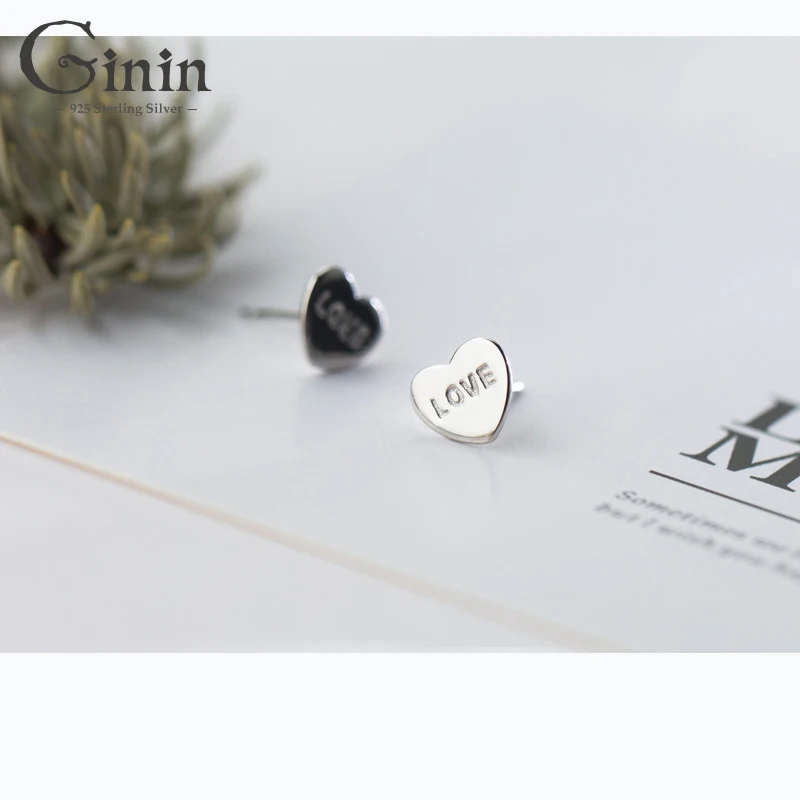 

Ginin 925 Sterling Silver Stud Earrings for Women Korean Style Small Sweet Letter Love Elegant Cute Heart-Shaped Ear Jewelry