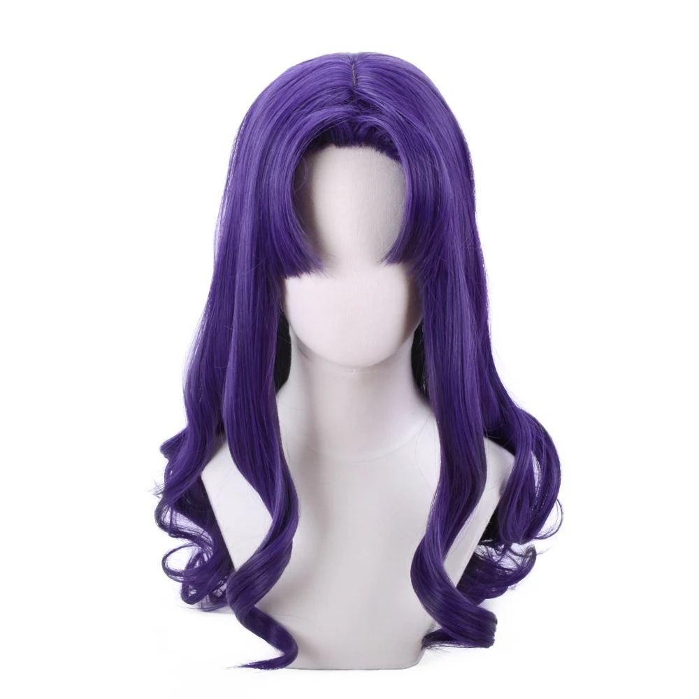 Katsuragi Misato Cosplay Wig Styled Bang Purple Cute Long Curly Heat Resistant Synthetic Hair Katsuragi Wigs + Wig Cap