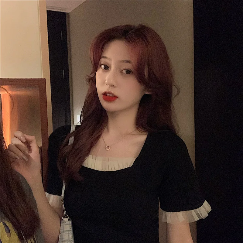 

Square Collar Black T-shirt for Women Puff Short Sleeve 2021new Summer Dignified Sense of Design Scheming Crop-Top Short Top