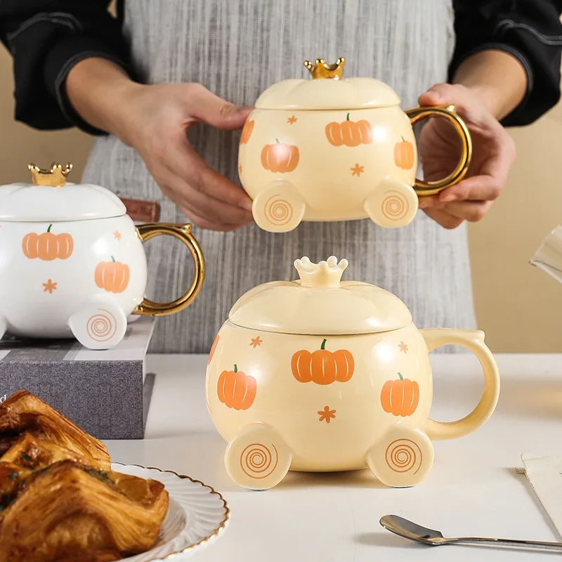 

Cartoon Pumpkin Car Mug High Texture Lovely Ceramic Water Bottle with Cover and Handle Dream Light Luxury Couple Coffee Cup
