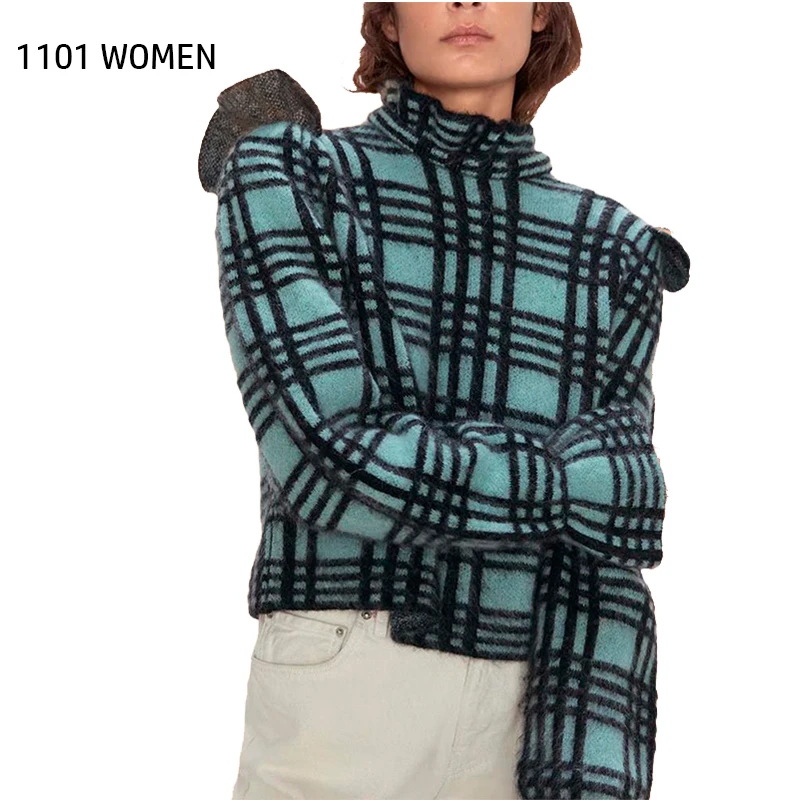 ZA новый женский черный зеленый плед водолазка тянет тонкий мохер мягкий удобный