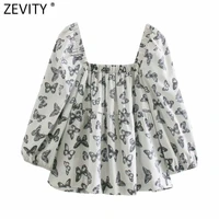 zevity women vintage square collar butterfly print casual smock blouse female chic elastic pleat kimono shirt blusas tops ls9080