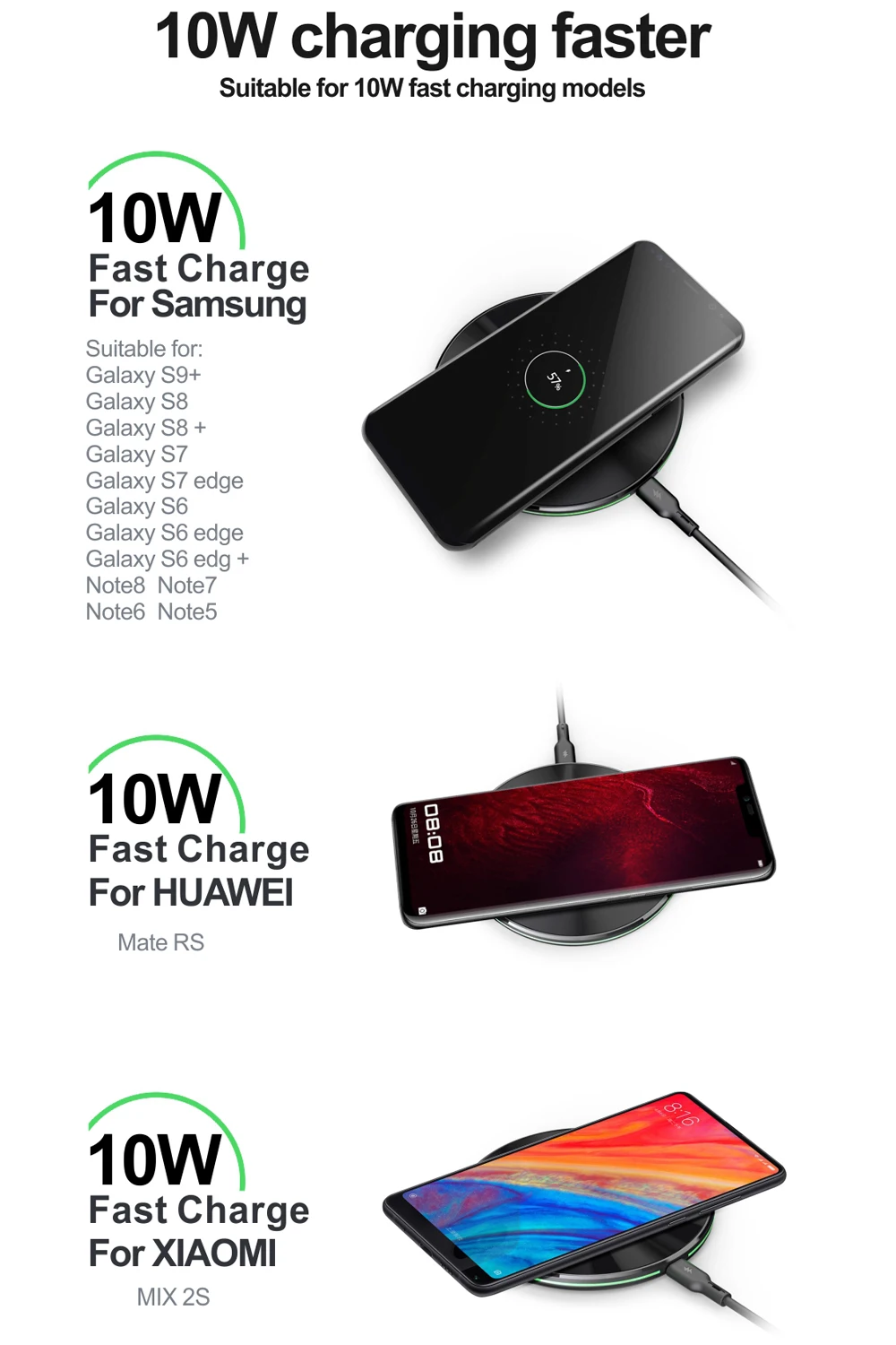 Быстрое беспроводное зарядное устройство Dpower 10 Вт для iPhone XS/X Max XR 8 Plus быстрая Беспроводная зарядная панель Qi для S8 S9 S10 Xiaomi 9 зарядное устройство