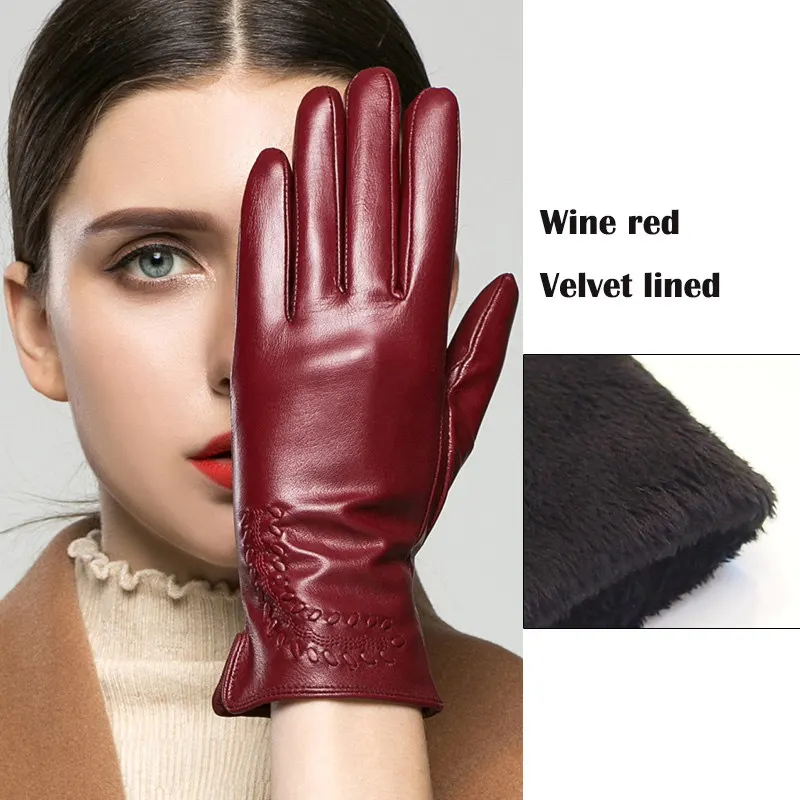 winered velvet Перчатки из натуральной кожи женские зимние теплые бархатные утепленные высококачественные кожаные перчатки для вождения K2303 - Цвет: winered velvet