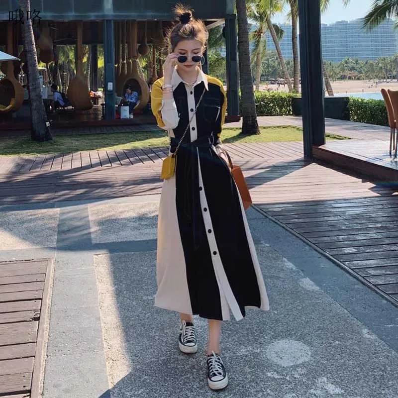 

Vintage French Women'S Stitching Dress 2021 Spring And Autumn Women Single Breasted Lace Dresses Korean One-Piece Party Dres