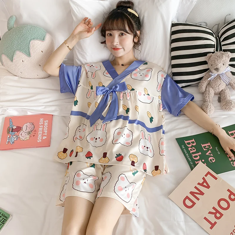 Summer Pajamas for Women 2021new Ice Silk Short Sleeve Cute Rabbit Ins Wind Net Red Spring Fall Home Wear Suit