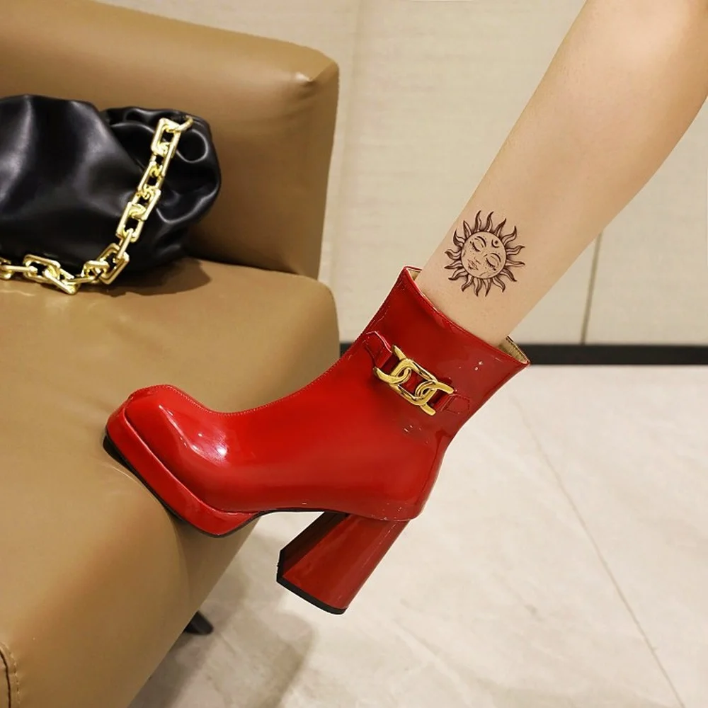

OEING Womens Platform Ankle Boots Block High Heel Patent Leather Shoes Ladies Winter Warm Autumn Styles Size Big 46 47 48