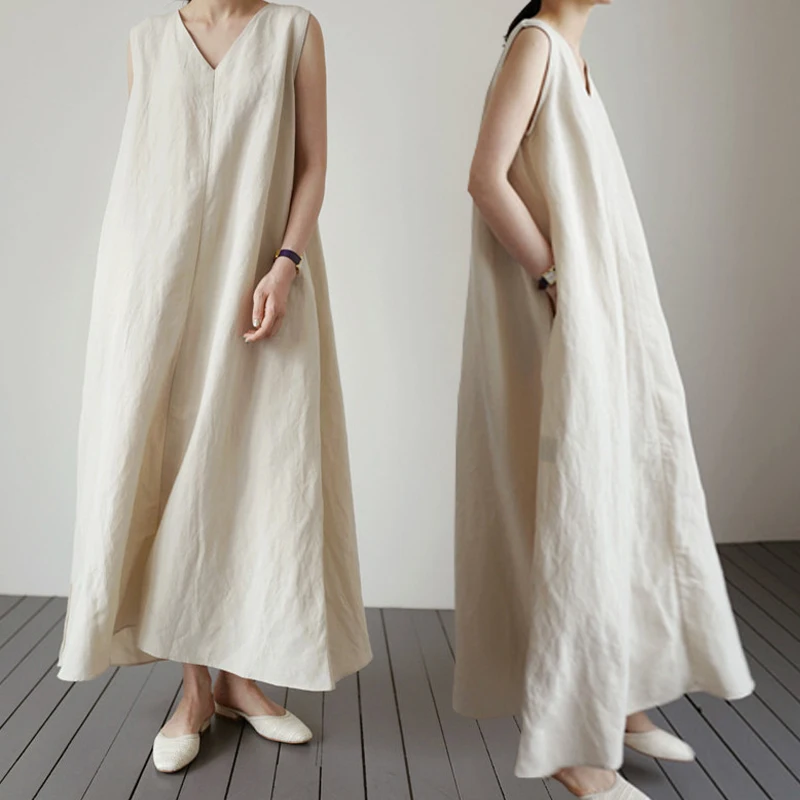 

Cotton Linen New Summer Shirt Dress Evening Vintage Dress Oversize Sleeveless Beach Women Dresses Long Robe Vestido Prom Pure