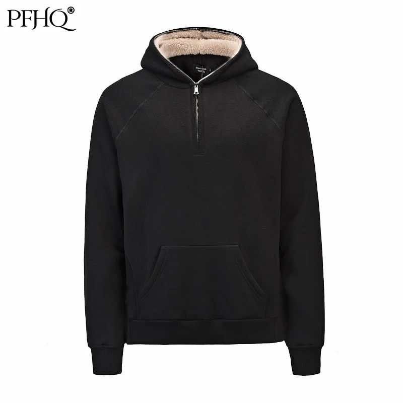 

PFHQ 2021 New Fashion Loose Hoodies Pure Color INS Half-Zipper Hood And Velvet Split Sweater Men's Autumn And Winter 21E5006