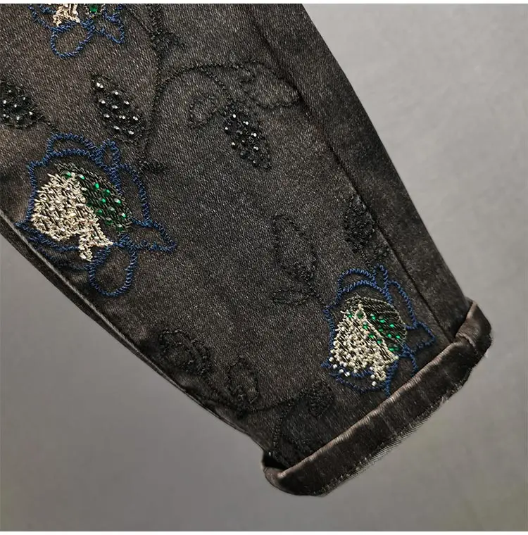 

Embroidery Rhinestone Jeans Women's Trousers Fashionable 2021 Spring New Cotton Elastic High Waist Slimming Denim Pencil Pants
