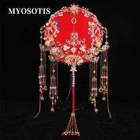 chinese traditional bride tassel fan flower bouquet red round long handle fans wedding photography props hanfu accessories