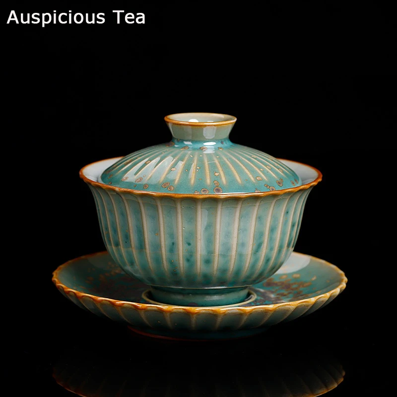 140ml Green Glaze Kiln Change Gaiwan Vintage Ceramic Kung Fu Tea Bowls Master Cup Pu'er Tea Tureen Tea Cup Teapots Bowl With Lid