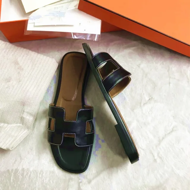 

Famous designer brand slippers high quality natural leather ladies sandals fashion brand flat shoes ladies slippers size 34-42