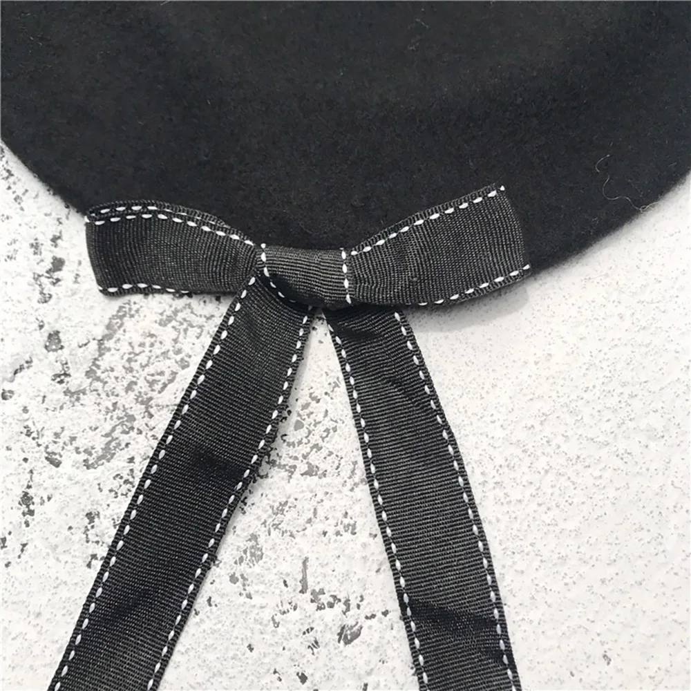 

Lace Bow Knotted Wool Berets Elegant Women Winter Hats Fashion Beanies Warm Hat For Female Solid Color Caps Slouchy Hats XL123