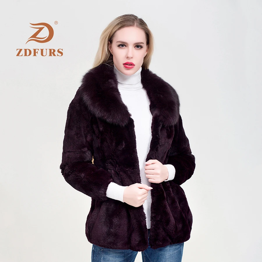 ZDFURS*Luxury Big Genuine Full pelt  REX Rabbit Fur Coat With Real Natural Fox Fur Collar  Customize Plus Size Overcoat