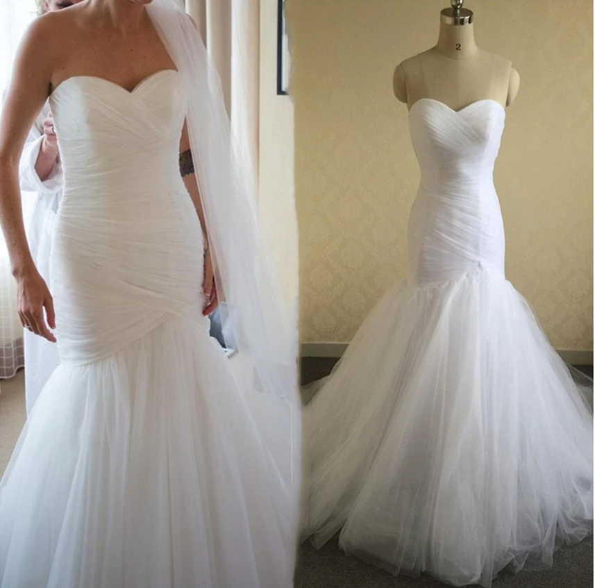 2020 Simple Pleats Tulle Mermaid Wedding Dresses Sweetheart Strapless Garden Chapel Bridal Gowns White Ivory Long Bride Dress | Свадьбы и