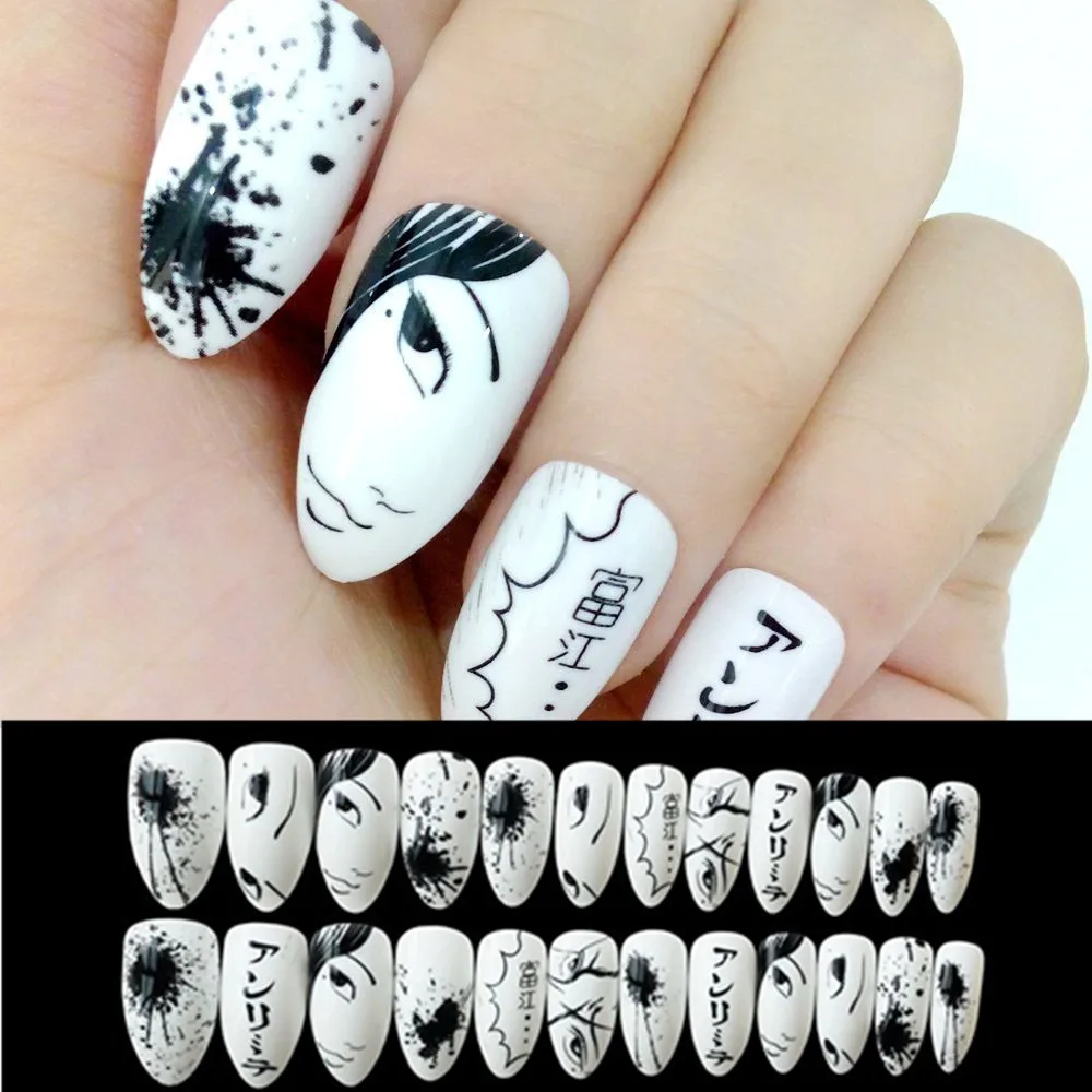Wholesale Artificial Fake Nails Black White Cartoon False Nails Tip Acrylic Stiletto Nails Japanese Style Lady Manicure Tool