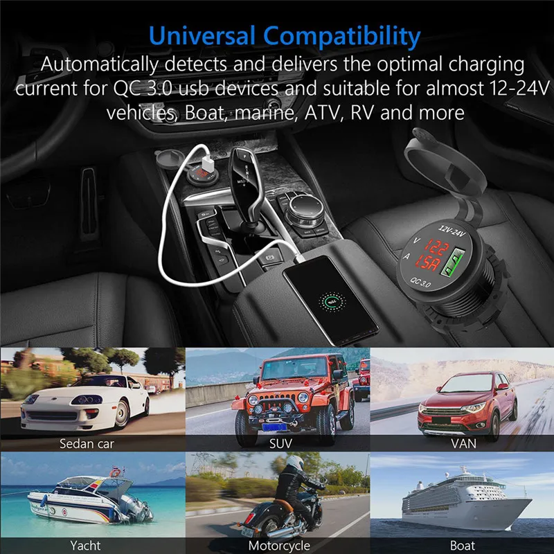 

New QC 3.0 USB Charger Socket Power Outlet Digital Voltmeter Ammeter Monitoring For Car Boat Marine Rv Motorcycle#292507