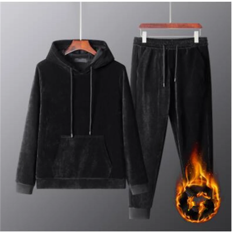 

Men's winter plus velvet thick casual sportswear two-piece suit Gold velvet suit men's hooded sweater coat