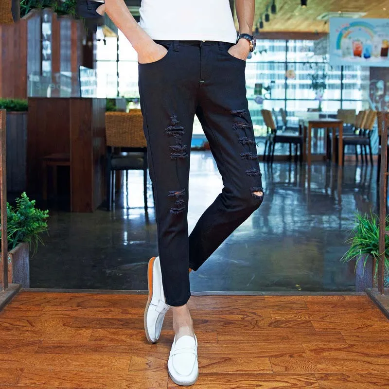 Оптовая продажа 2020 укороченные белые и черные мужские спортивные брюки летние рваные для мальчиков с полыми