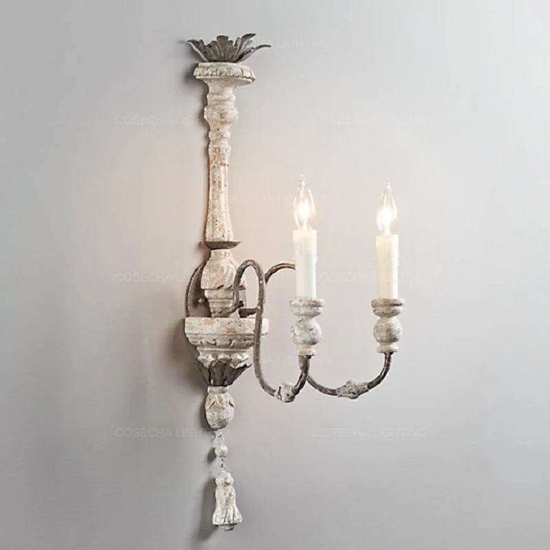 Французские настенные светильники резные винтажные Деревянные Настенные 2 света