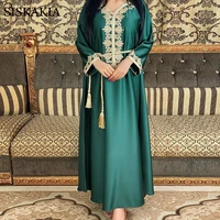 siskakia satin maxi dress for women elegant ethnic embroidery gilding jalabiya muslim dubai arabic moroccan kaftan robe green