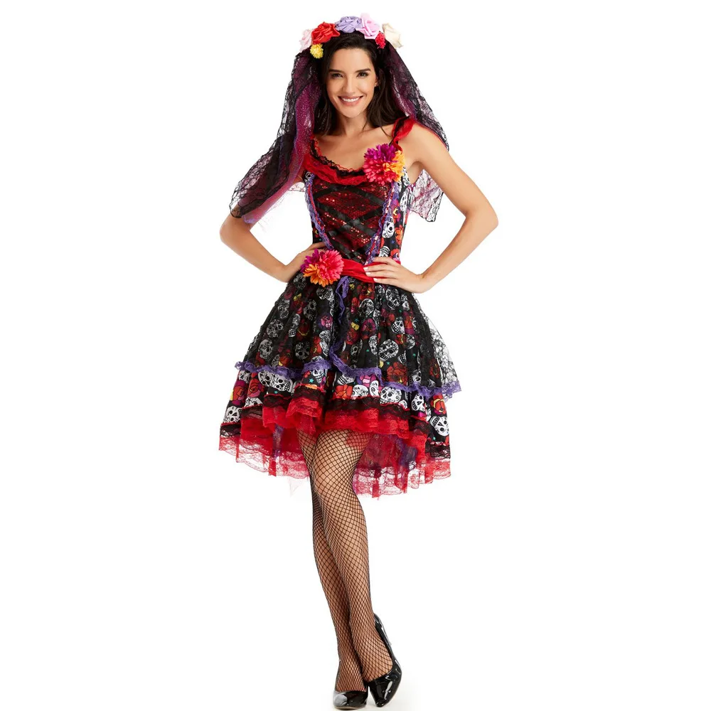 

Mexican Day of The Dead Horror Zombie Skull Costume Halloween Carnival Party Flower Fairy Ghosts Bride Cosplay Dress