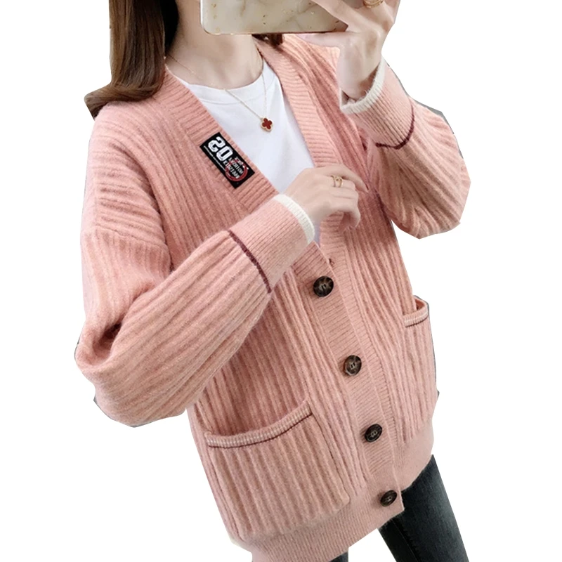 

Women Long Sleeves Knit Cardigan Sweater Single-breasted Labeling Stitching Coat