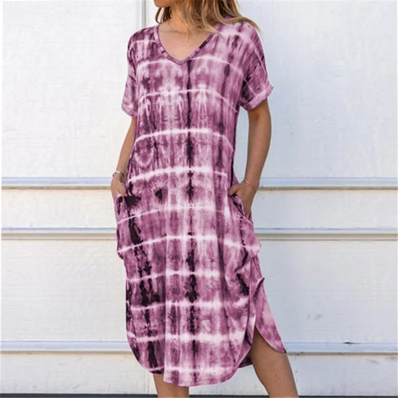 

2020 New Women's Printing Leisure Summer Short Sleeve Dress Stretch Striped Elegant V-neck Loose Split Dress Female Vestidos