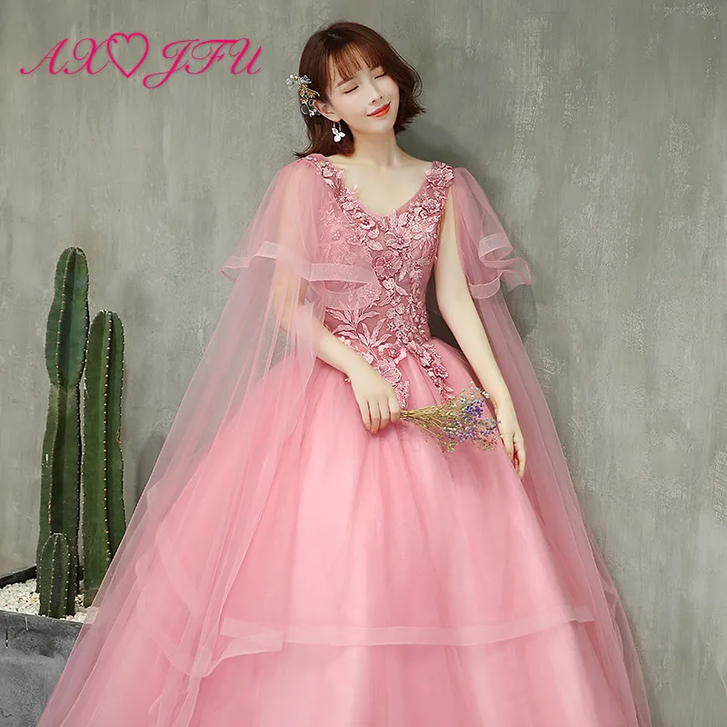 

AXJFU luxury princess pink lace bride evening dress vintage v neck beading rose flower host ball gown stage ruffle evening dress