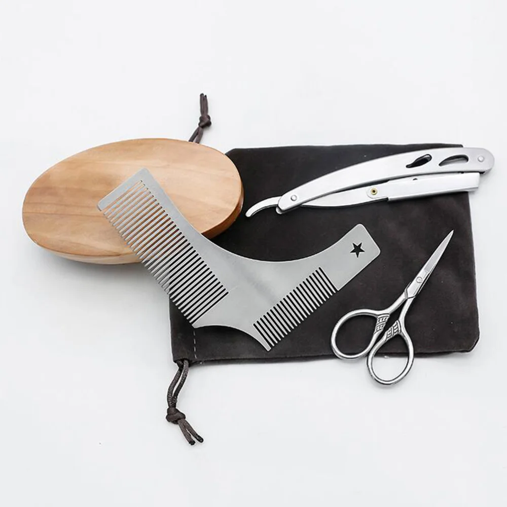 

4pcs Beard Trimming Set Stainless Steel Scissors Razor Mustache Steel Comb and Brush Grooming Kit (with Cloth Bag)
