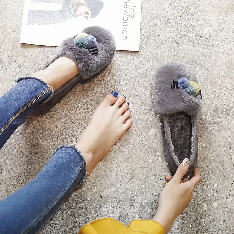 Koovan Women's Fur Flats Shoes Female Autumn Winter 2021 New Wool Cotton Shoes Outside Wear Rabbit Fur Flats For Women