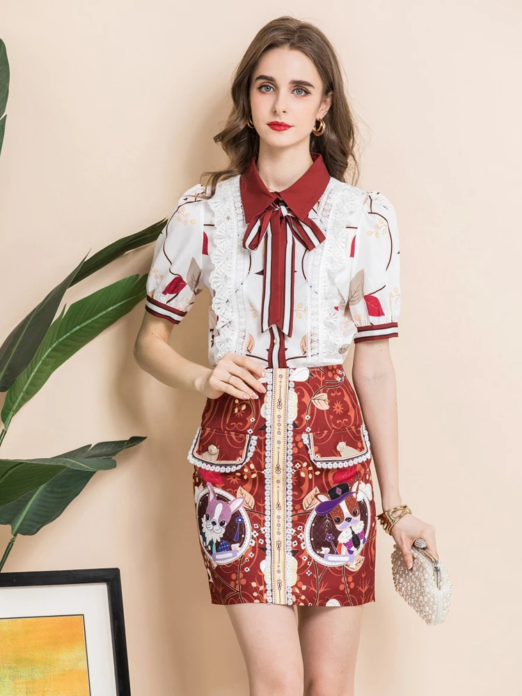 

high quality White lapel floral print shirt red lace skirt fashion suit 2021 summer new style ladies tie bow suit skirt