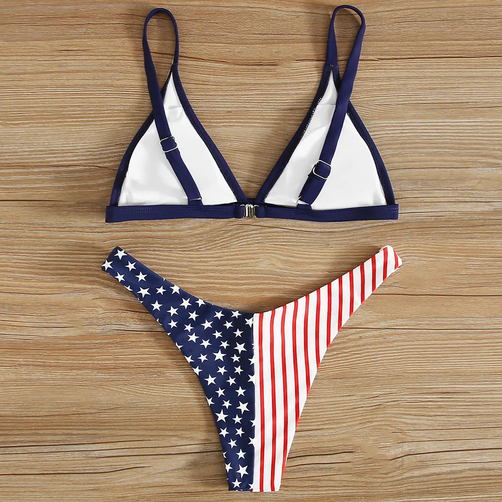 

Women Sexy Bikini Flag Print Swimsuit Set Two Piece Filled Bra Swimwear Female Thong Beachwear