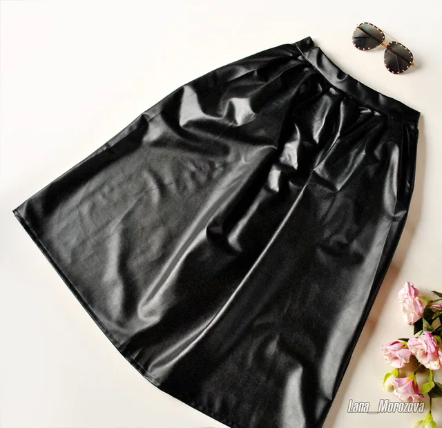 

Women Faux Leather Pu Skirt Ladies Long Skirts for High-waist Fashion A-line Knee Length Casual Pockets Spring