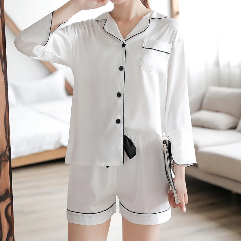 Casual Women Sleepwear 2PCS Pajamas Set Satin Shirt&ampShorts Silky Nightwear Kimono Bathrobe Gown Soft Intimate Lingerie Pijamas | Женская