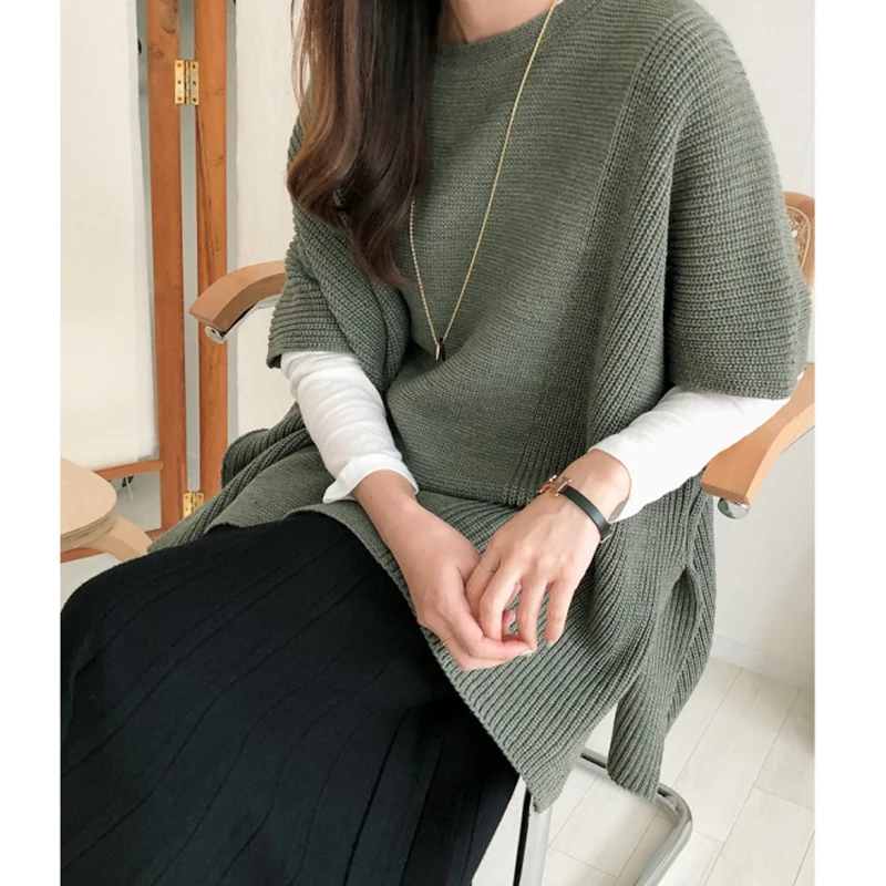 Свитер Woherb модная накидка Осеннее женское пончо вязаное с круглым вырезом и