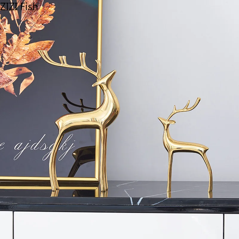 

Copper Deer Metallic Gold Handmade Crafts Simulation Animal Sculpture Antlers Modern Home Decoration Christmas Figurines