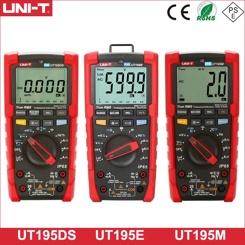 

UNI-T UT195E/UT195M/UT195DS Professional Multimeter True RMS ACV 750V 5kHz bandwidth IP65 rating 2m drop proof CAT III 1000V