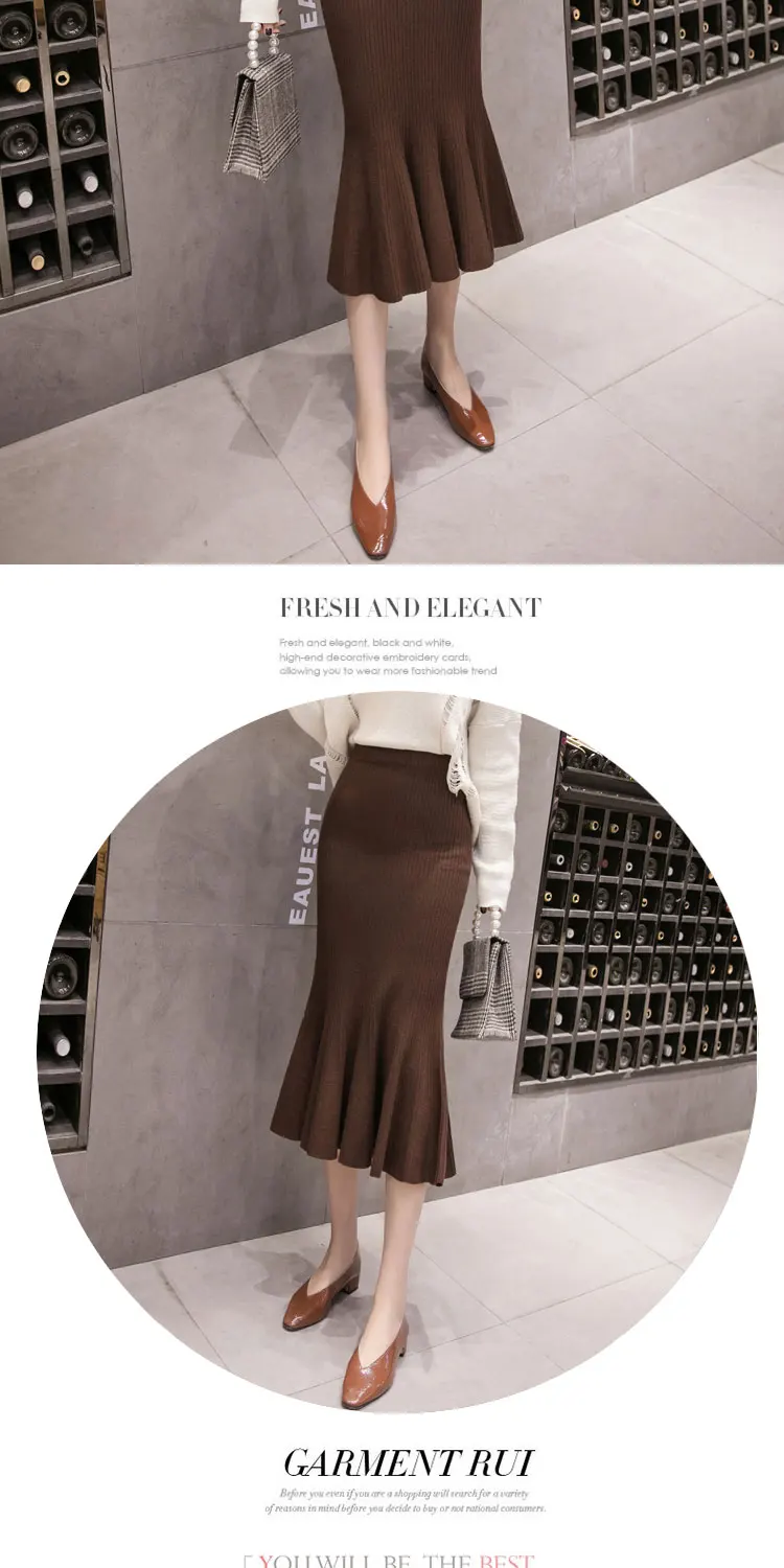 New Elegant Autumn Winter Knit Skirts Women Sweater Bodycon Mermaid Office Lady Work Wear Ruffles Skirt Chic saias faldas
