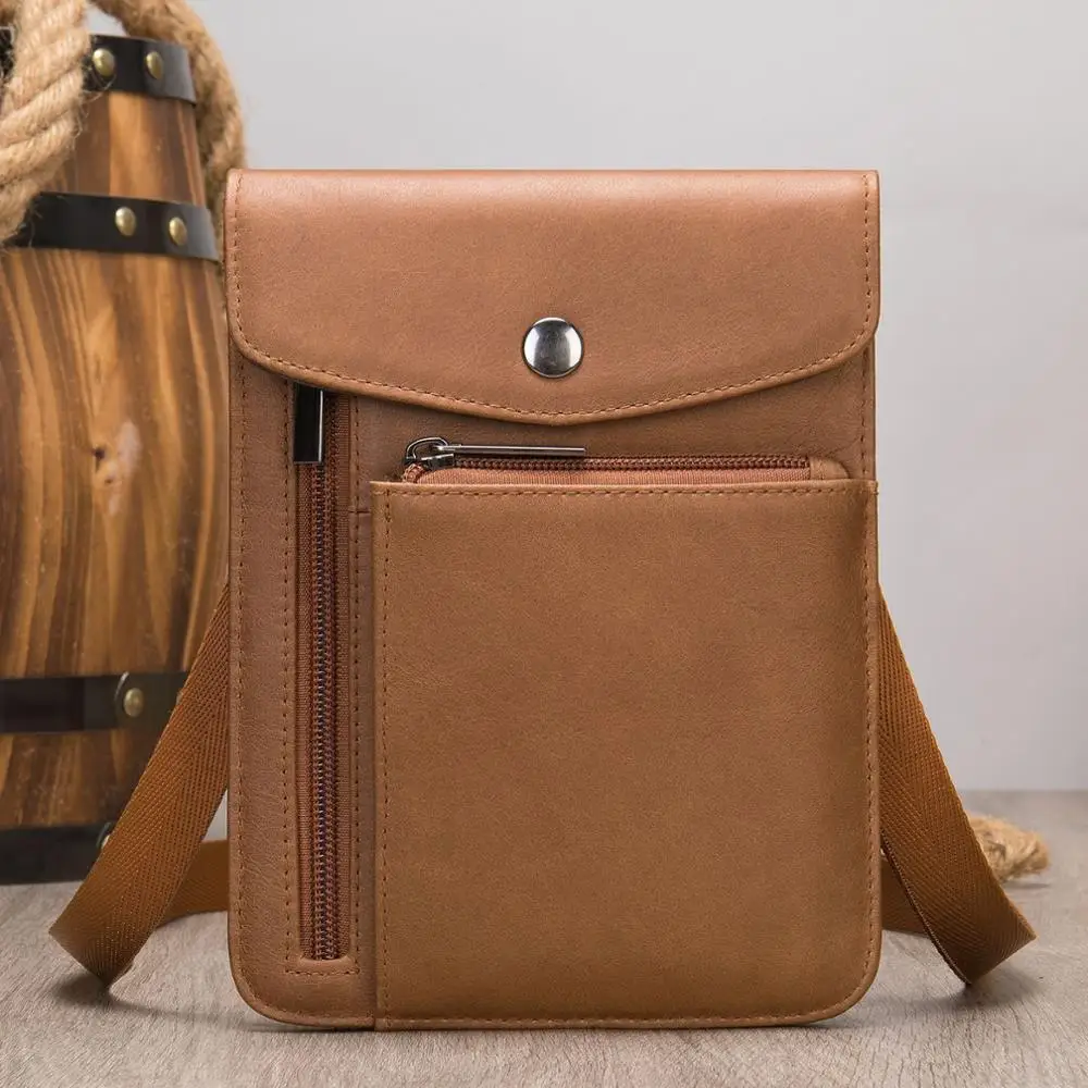 

Classic Zipper Hasp Leather Crossbody Small Bag for Men Brown Waist Pack Male Hand Pouch Cell Phone Pocket Luxury Shoulder Purse