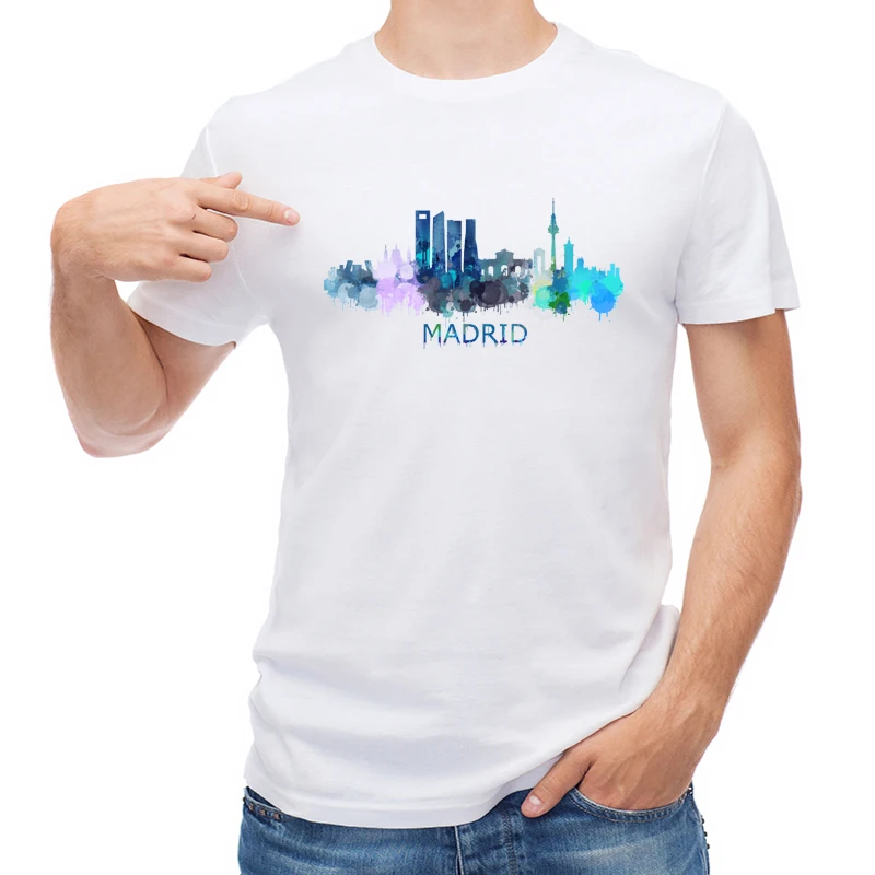 

TEEHUB Watercolor Digital Art Madrid Men T Shirt San Francisco& London Printed T-shirt Short Sleeve O-Neck Tops Cool Tees