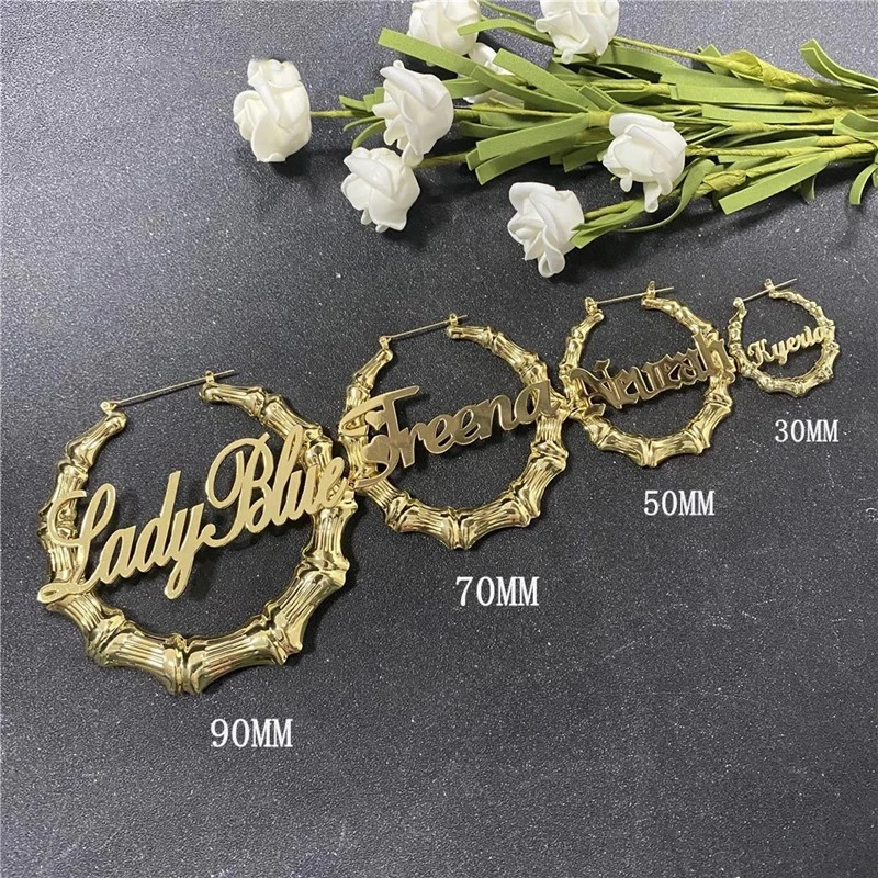 

Fateefah 30mm-100mm Custom Bamboo Hoop Earrings Customize Name Bamboo Style Personality Earrings With Statement Hiphop