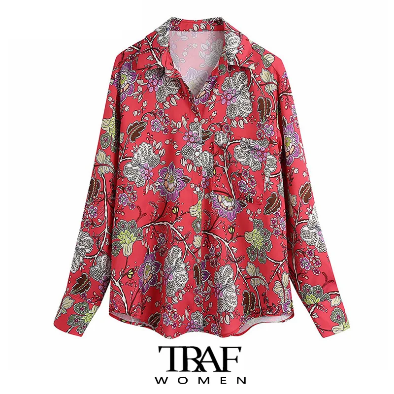 

TRAF Women Fashion With Pockets Floral Print Loose Blouses Vintage Long Sleeve Button-up Female Shirts Chic Tops