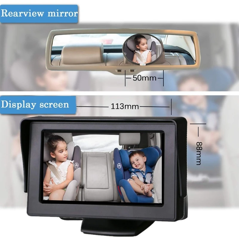 Espejo con visi&oacute;n nocturna para beb&eacute;, asiento de coche de seguridad para beb&eacute;, parte trasera, pantalla HD de 4,3 pulgadas, Monitor para beb&eacute; con c&aacute;mara-1