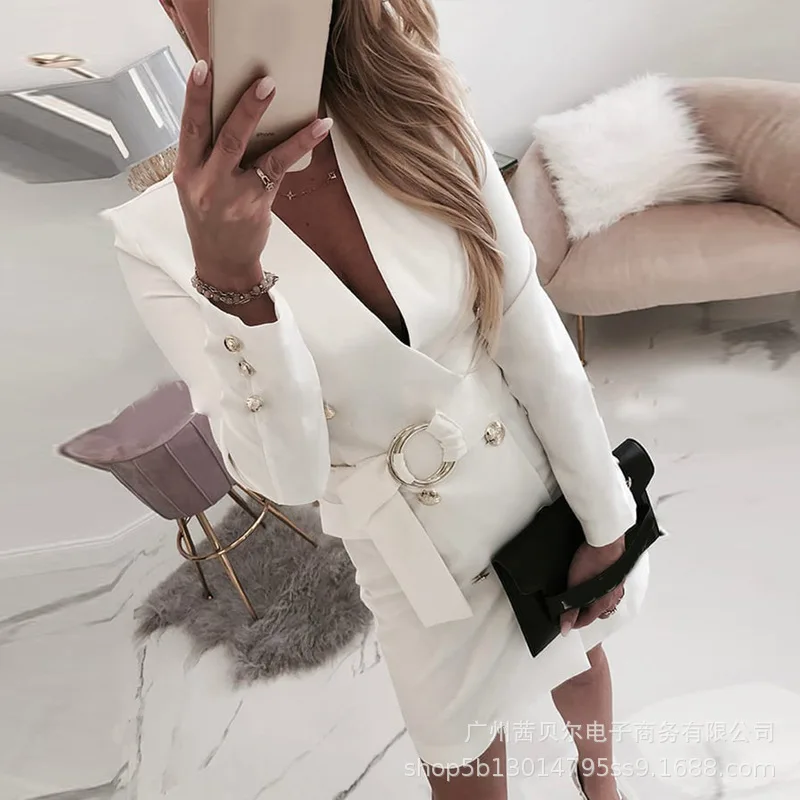 

WEPBEL Women's Elegant Long Sleeve V-neck Slim Dress Spring and Autumn Fashion Solid Color Buttons High Waist Slit Dress