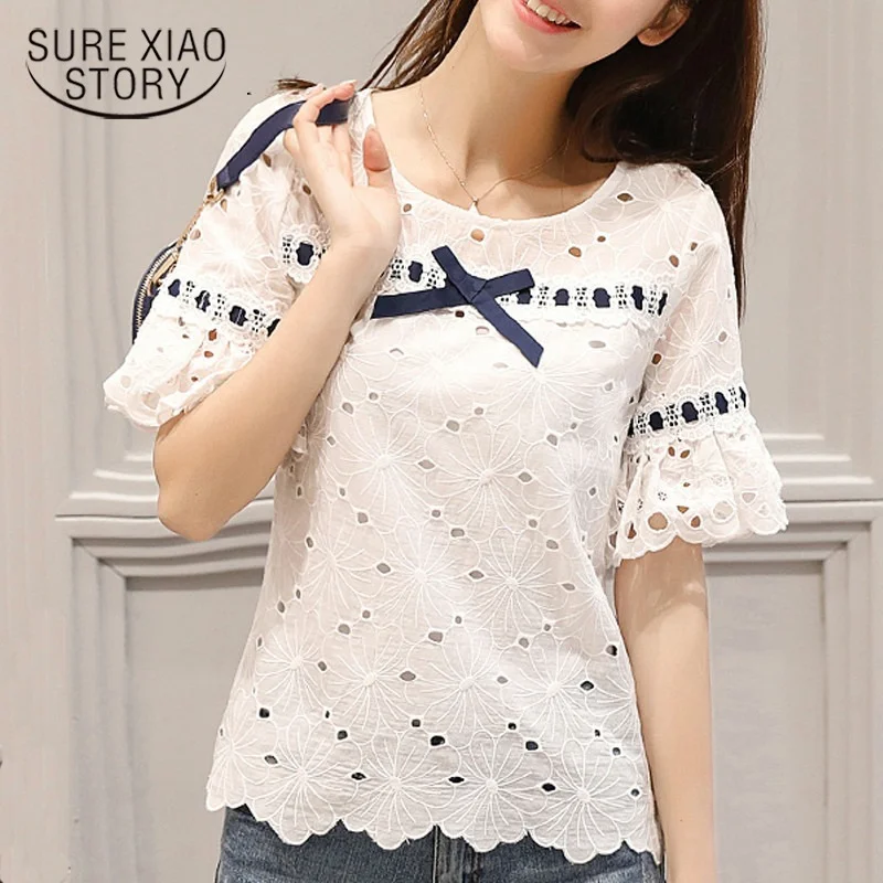 

Casual Short Sleeve Office Lady Fashion Tops Female Women Tops and Blouses Hollow Lace Blouse Shirt Blusas Mujer De Moda 0460