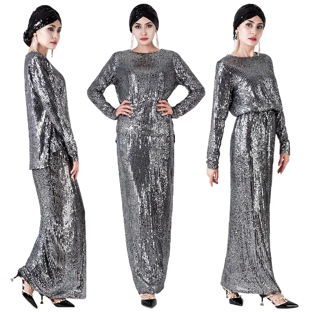 Мусульманский комплект Абайи Топы + юбка блестки Исламская одежда длинный