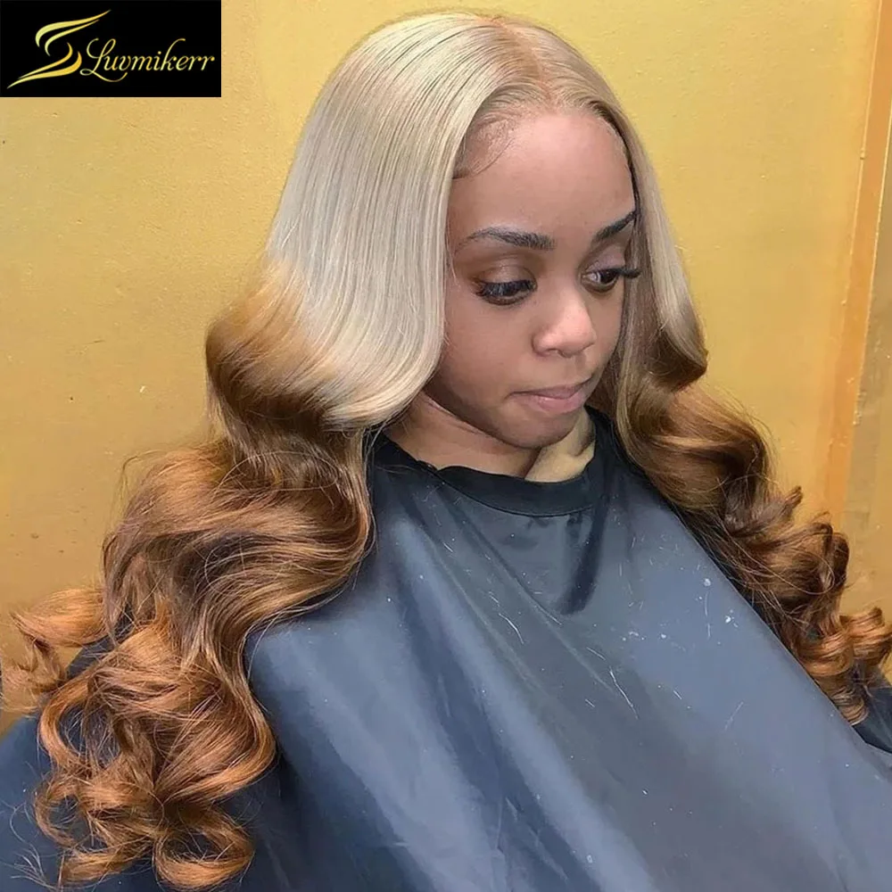 

HD Ombre 613 Honey Blonde Colored Preplucked Body Wave Wigs Frontal Transparent 13x6 Lace Front Human Hair Wig For Women Remy 30